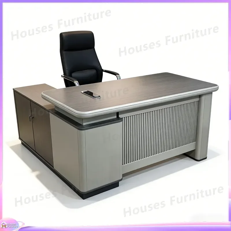 Modern L Shaped Wooden Office Desk with Side Cabinet and Lock Durable Manager Executive Computer Table Commercial Workstation