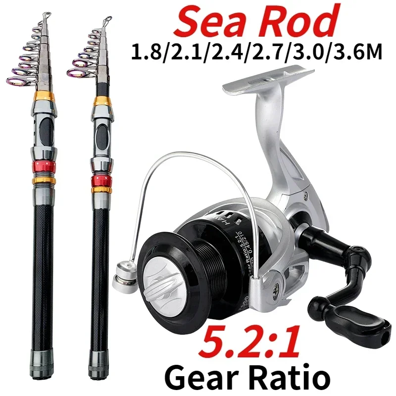 1.8M-3.6M Super Hard Telescopic Sea Fishing Rod and 5.2:1 Gear Ratio Spinning Reel Combo Max Drag 8kg for Salt/Freshwater Pesca