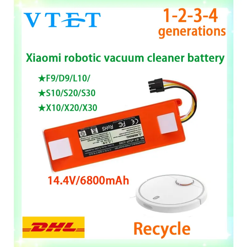 

VTET подходит для аккумулятора подметальной машины Mi, 14,4 В, 6800 мАч, литиевая батарея каменного робота 1/2/3/4, прочная и долговечная.