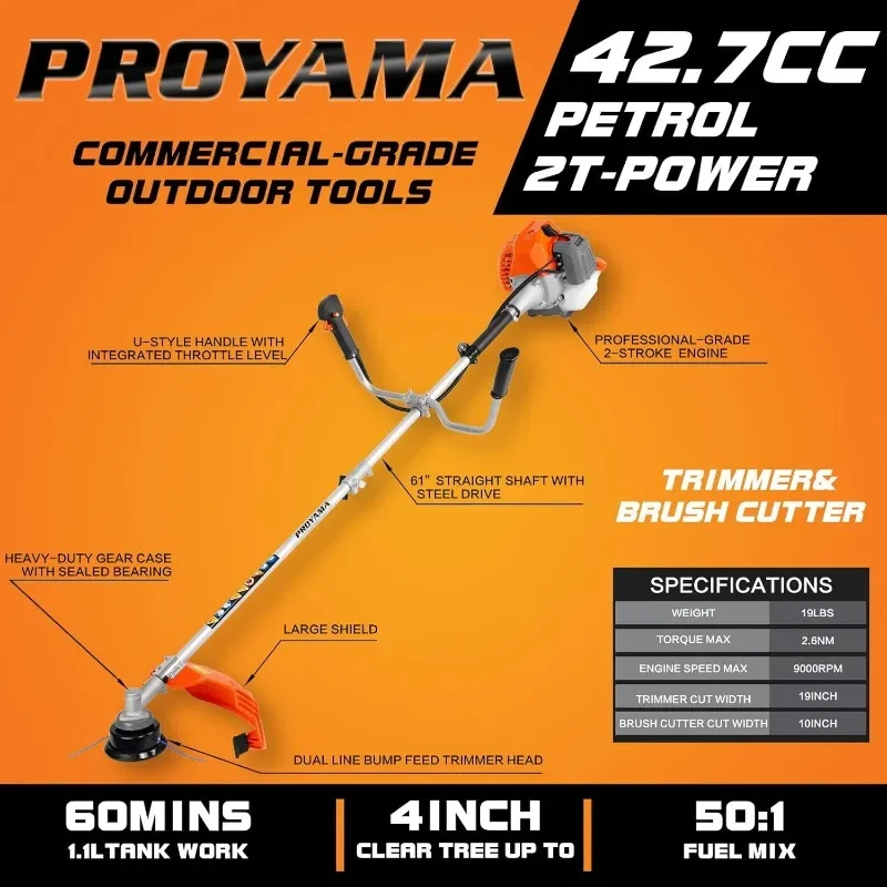 42.7cc Gas Weed Wacker, 3 in 1 Weed Eater Gas Powered, Brush Cutter and Gas String Trimmer 2-Cycle Extreme Duty, 5 Year