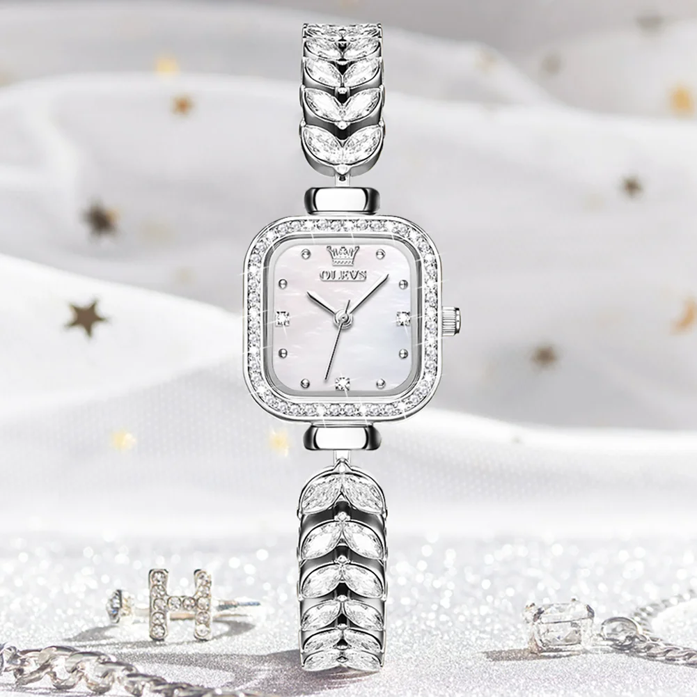 OLEVS-Montre de luxe en argent pour femme, bracelet décontracté en cristal, montre à quartz, marque supérieure, cadeau créatif pour femme