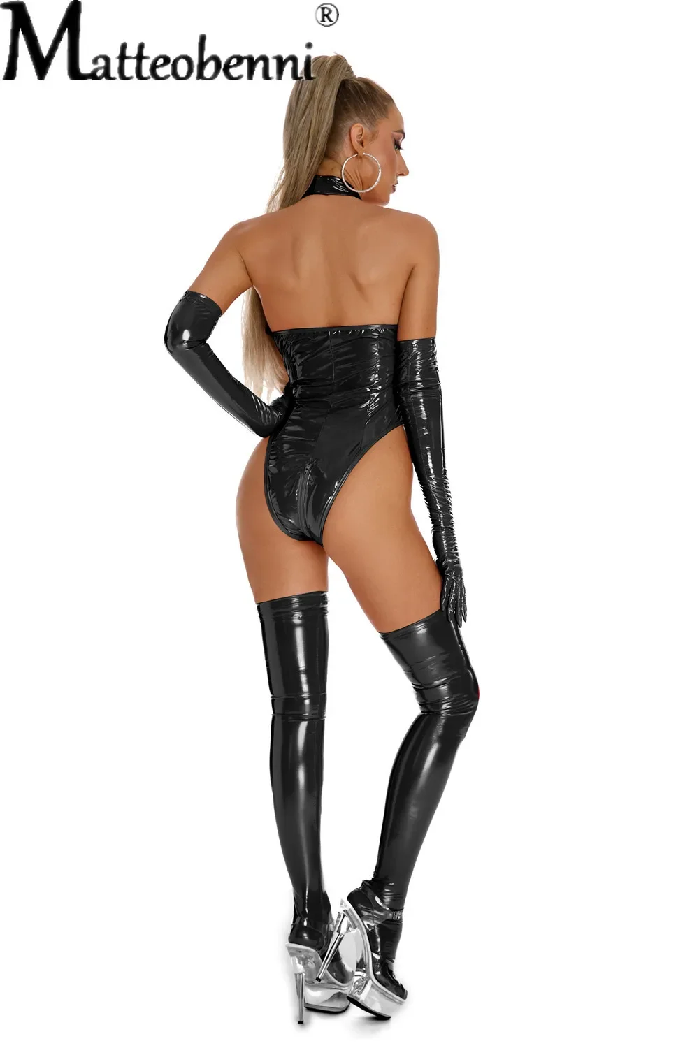 Women Sexy Lace up Lingerie Bodysuit Patent Leather Mock Neck Body Suit Glossy Zipper Catsuit for Club Pole Dancing Full Set