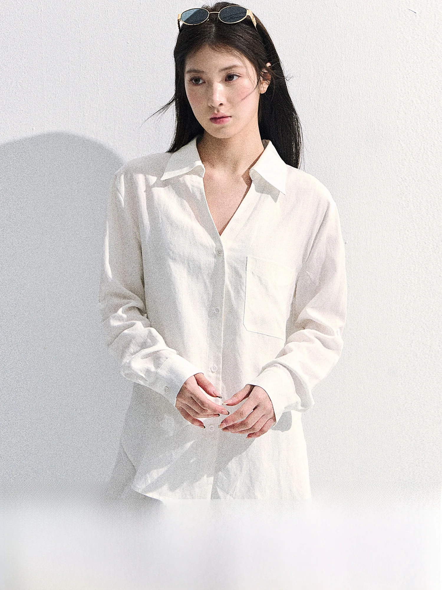 

0PASSION White V-Ne Linen Silk Loose Fit Long Sve irt Women's Versatile Thin Summer Top Breathable Comfortable Korea...
