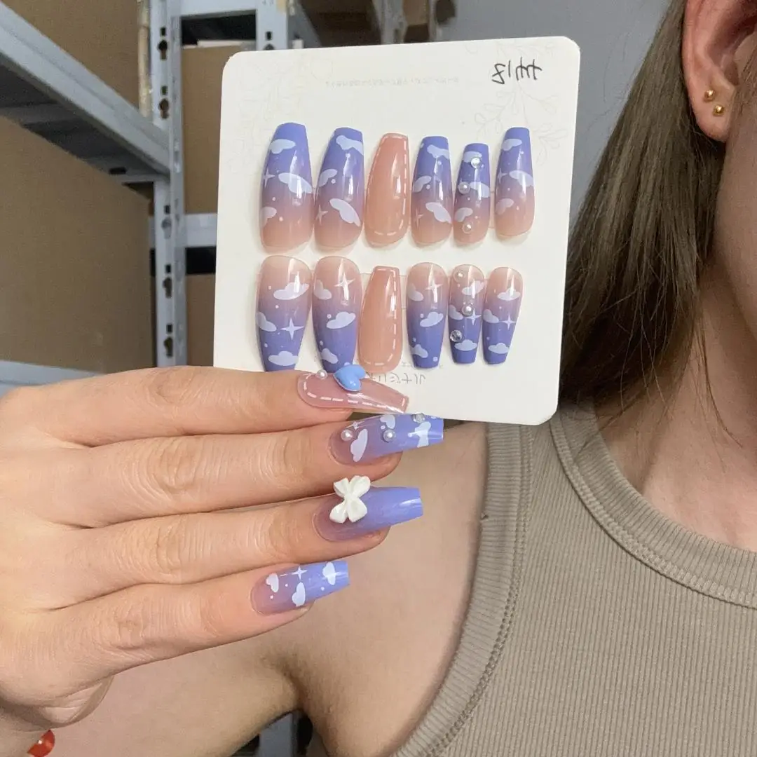 24pcs/box Long Korean Wearable False Nail with Diamond Press on Nails Acrylic False Nail Art Removable Full Cover Fake Nails Set