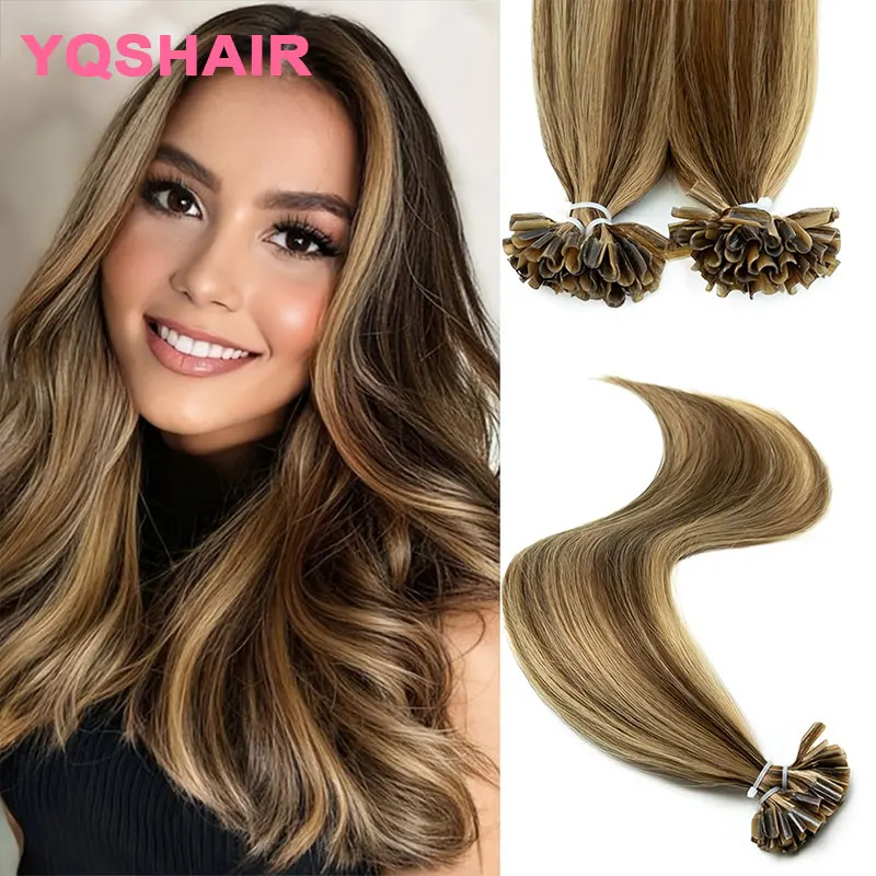 

50 шт. прямых нанокольцевых прядей для наращивания волос из натуральных человеческих волос, светло-русые, с петлями для микролинков, предварительно склеенные капсульные пряди для кератинового наращивания