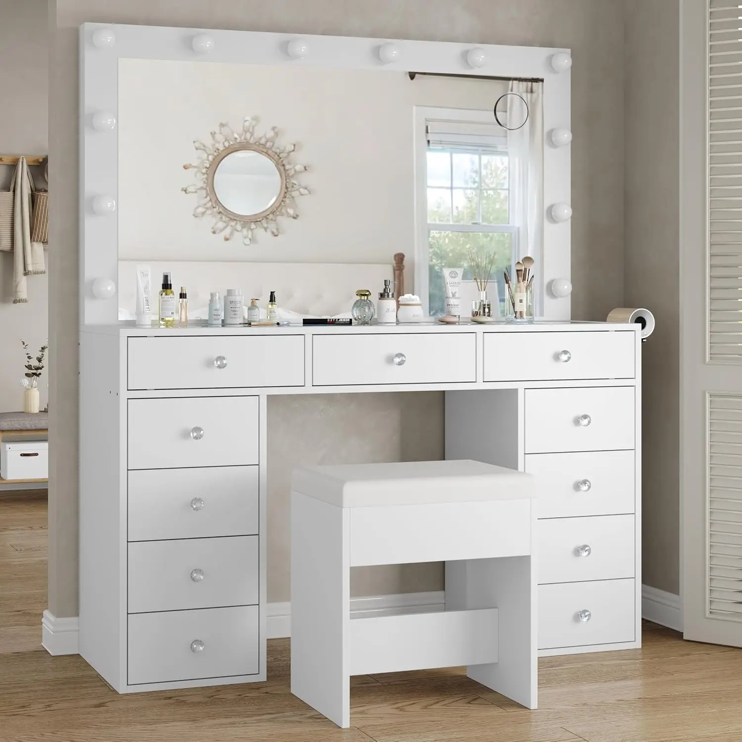 Vanity Desk & Power Outl, Makeup Vanity with Mirror and 12 LED Lights, Makeup Table with 11 Drawers, Vanity Table, Customized