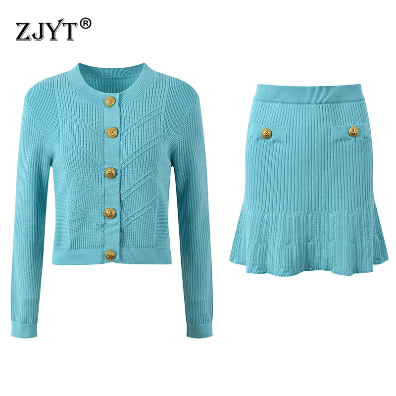 

ZJYT Autumn Women's Suit Knitted Top Skirt 2 Piece Matching Set White Outfit Elegant Lady Knitting Dress Sets Female Clothing