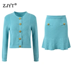 ZJYT Autumn Women's Suit Knitted Top Skirt 2 Piece Matching Set White Outfit Elegant Lady Knitting Dress Sets Female Clothing