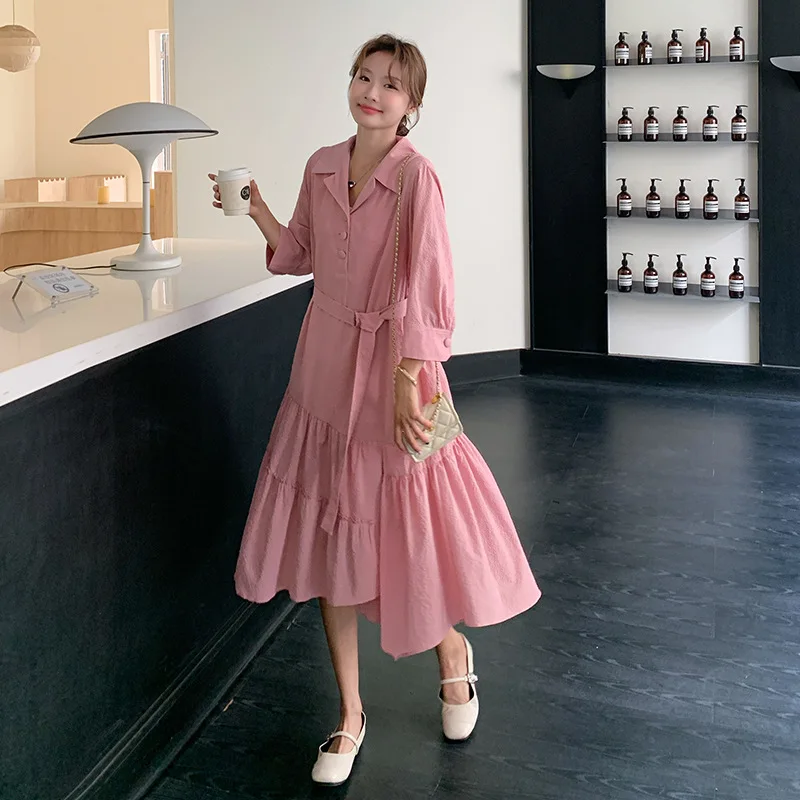 SuperAen robe à revers 2025 nouvelle taille haute robe d'épissure irrégulière à manches longues ceinture robe chemise