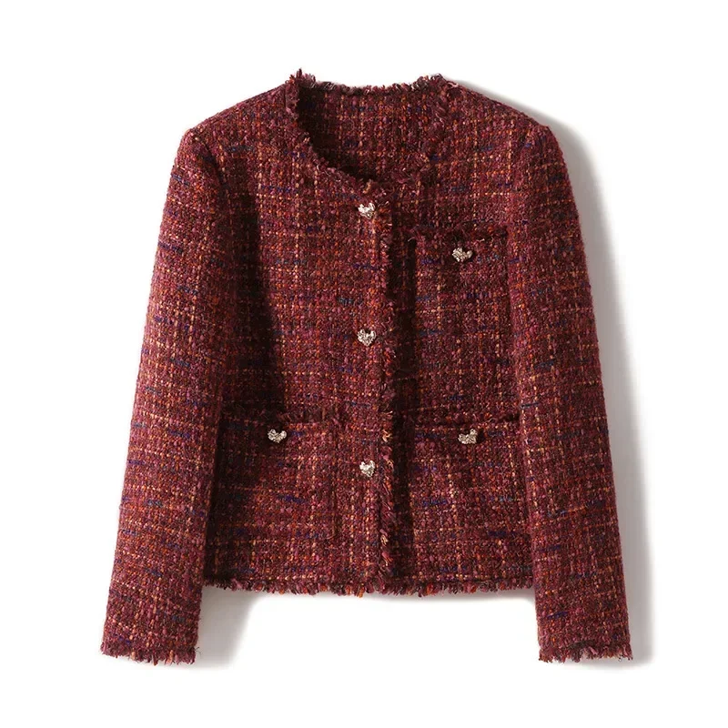 Autumn Women Wine Red Tweed Wool Jacket High-end Red Tweed Short Coat Spring and Autumn Coat Tweed Women's Tweed Coat