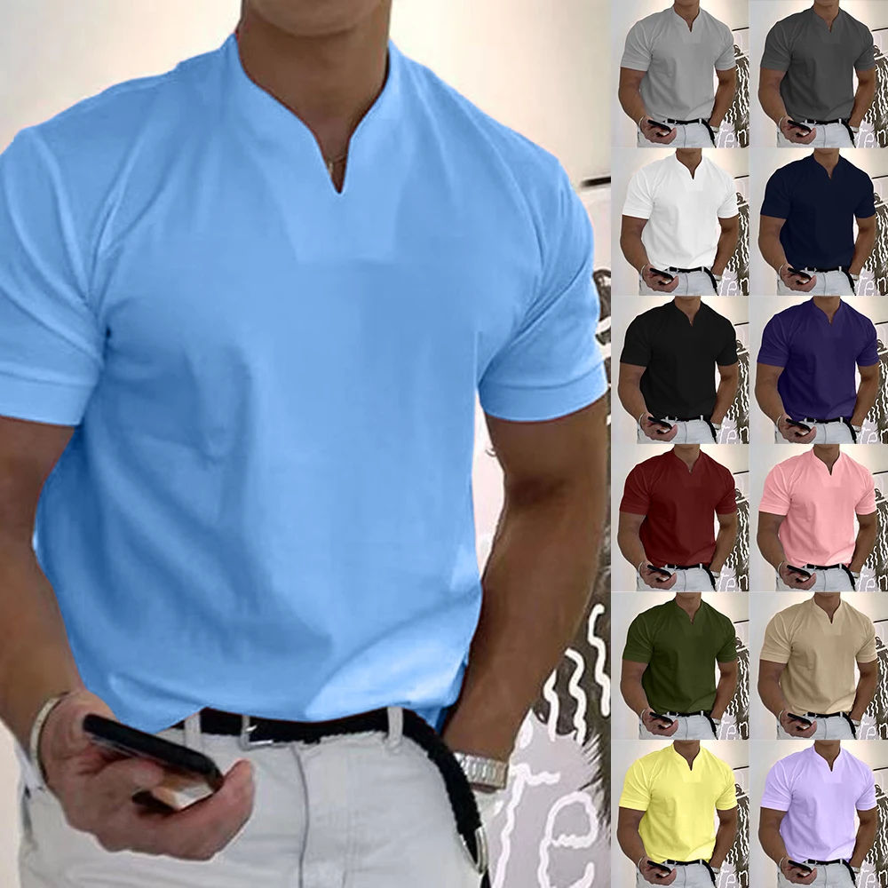 Summer Men's V Neck T-Shirt Business Casual Short Sleeve Slim Fit Shirt tops Outdoor Comfortable Solid Color Tees Men's Clothing