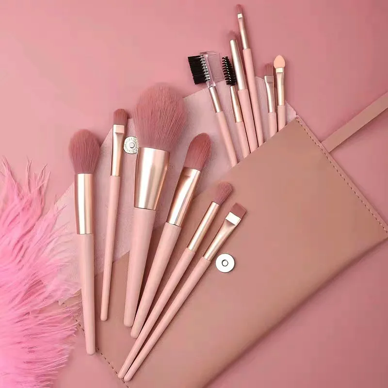 Ensemble de 12 pinceaux de maquillage pour poudre rose, Blush, ombre à paupières, débutant, ensemble complet d'outils de beauté