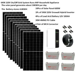 Zestaw paneli słonecznych W komplecie z baterią 6000W 220V hybrydowy falownik Growatt MPPT 5000W On Off System sieciowy 4HP klimatyzator