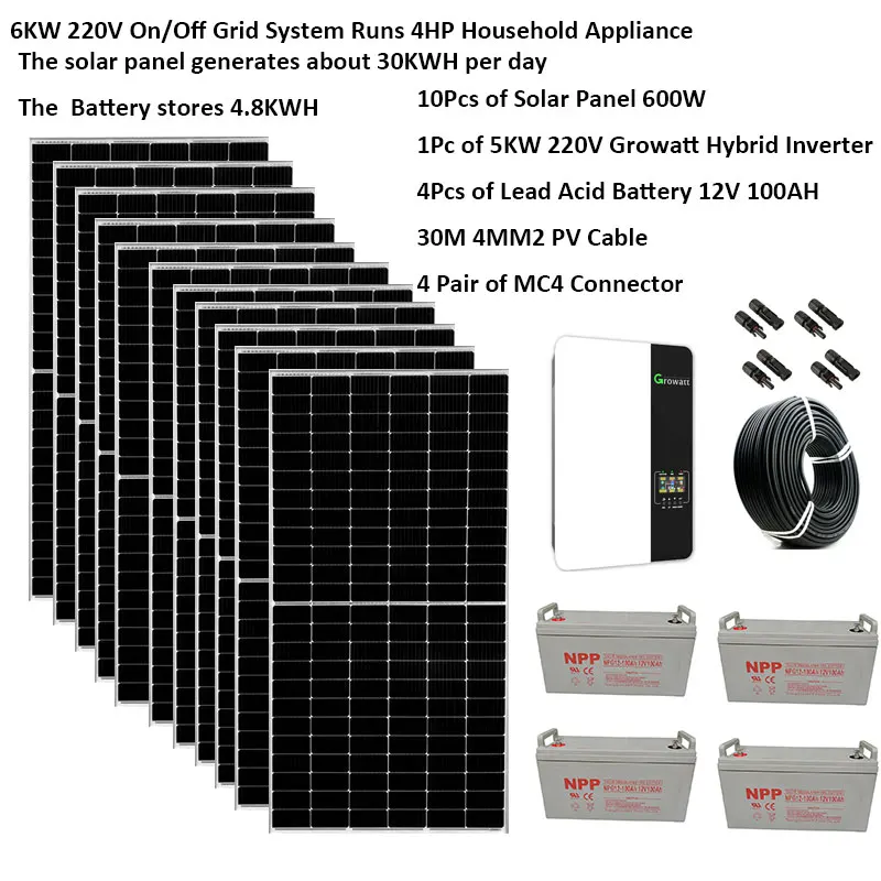 Solar Panel Kit Complete With Battery 6000W 220V  Growatt Hybrid Inverter MPPT 5000W On Off Grid Home System 4HP Air Conditioner