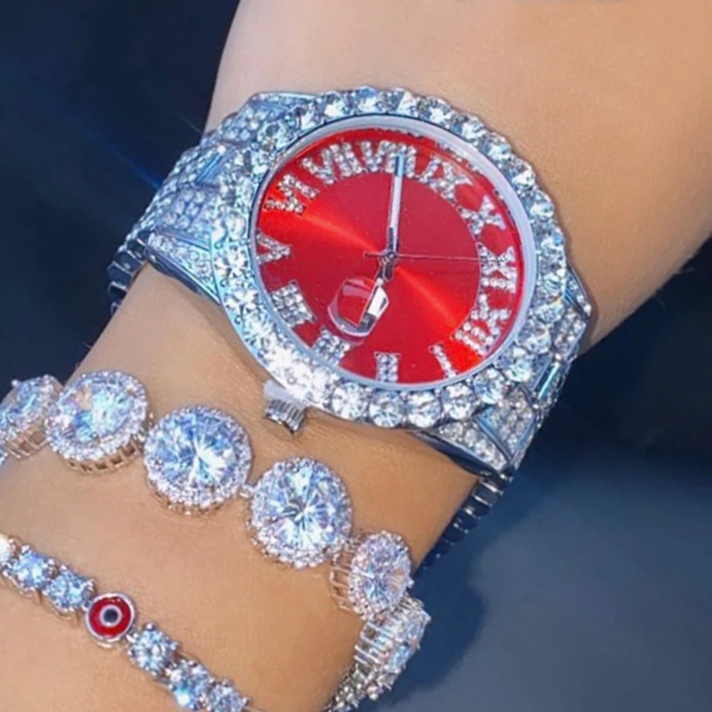 Red Women Watch Iced Out Roman Quartz Watches For Women Luxury Brand Bling Full Rhinestone Men Woman Clock Hiphop Party Jewelry