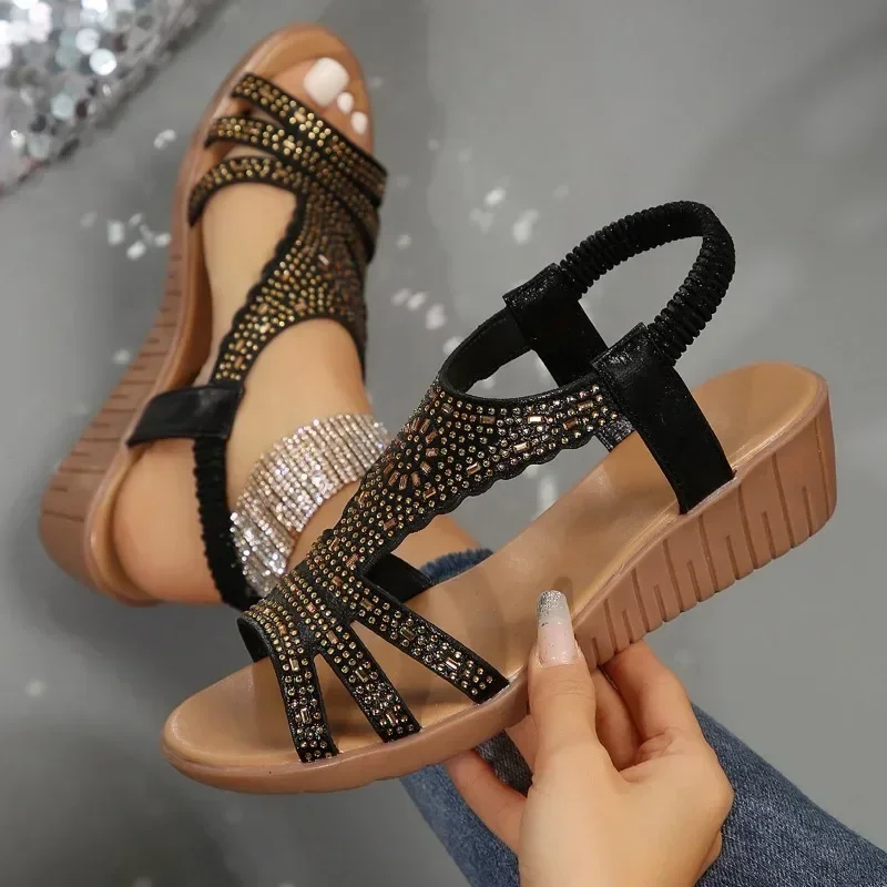 Shoes Female 2024 Brand Elastic Band Women's Sandals Fashion Crystal Office and Career Hot Sale Peep Toe Wedge Sandals Zapatos