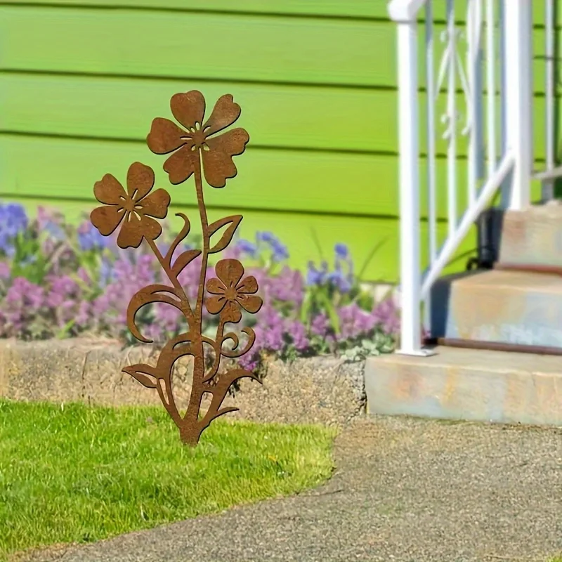 Rusty Metal Flower Garden Stake, Corten Steel Floral Silhouette Yard Decor, Weatherproof Outdoor Art for Garden Yard Decor