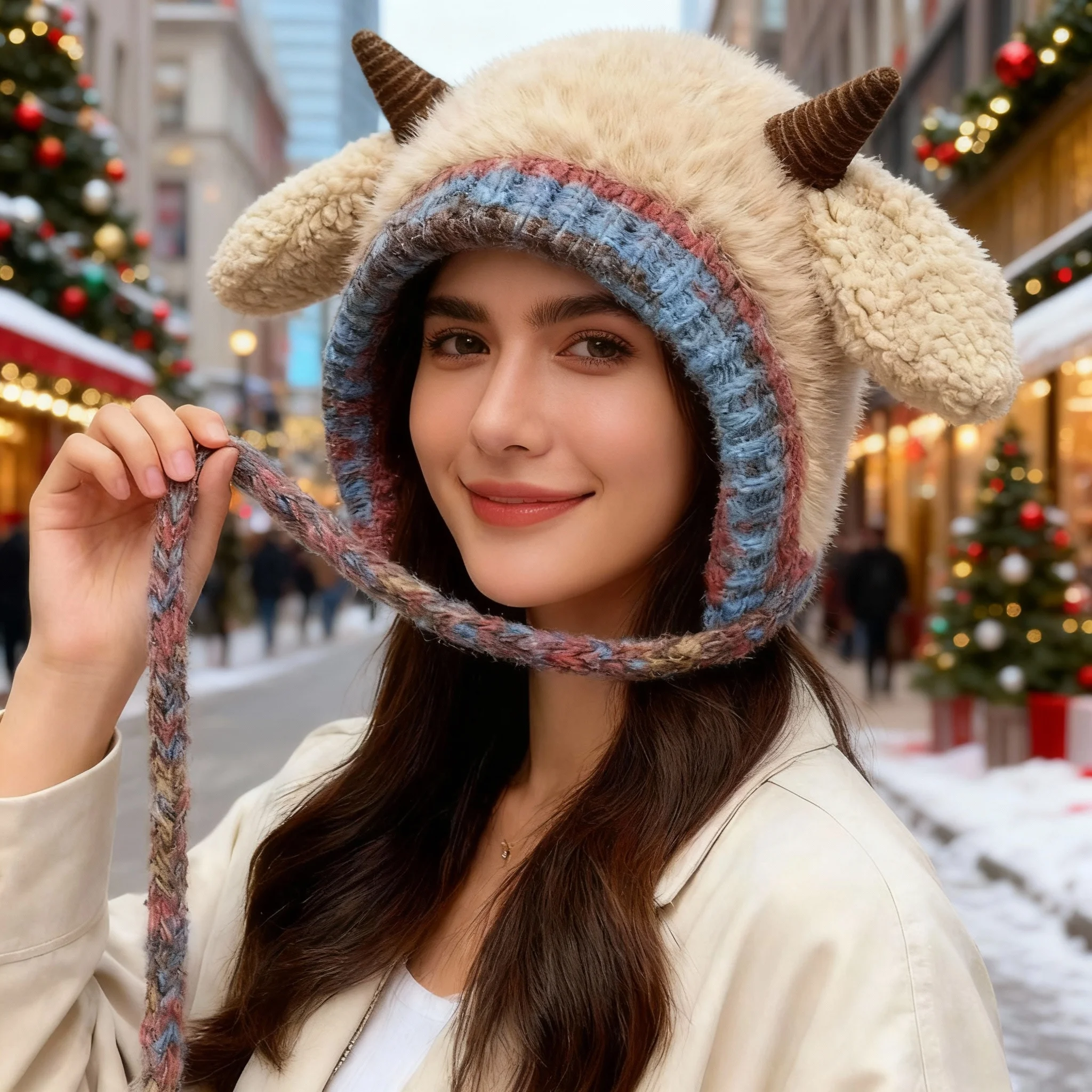 Cute Christmas Antler Hat, 2-in-1 Winter Warm Knitted Reindeer Beanie Beret Plush Earflap Skull Caps Christmas Holiday Dress Up