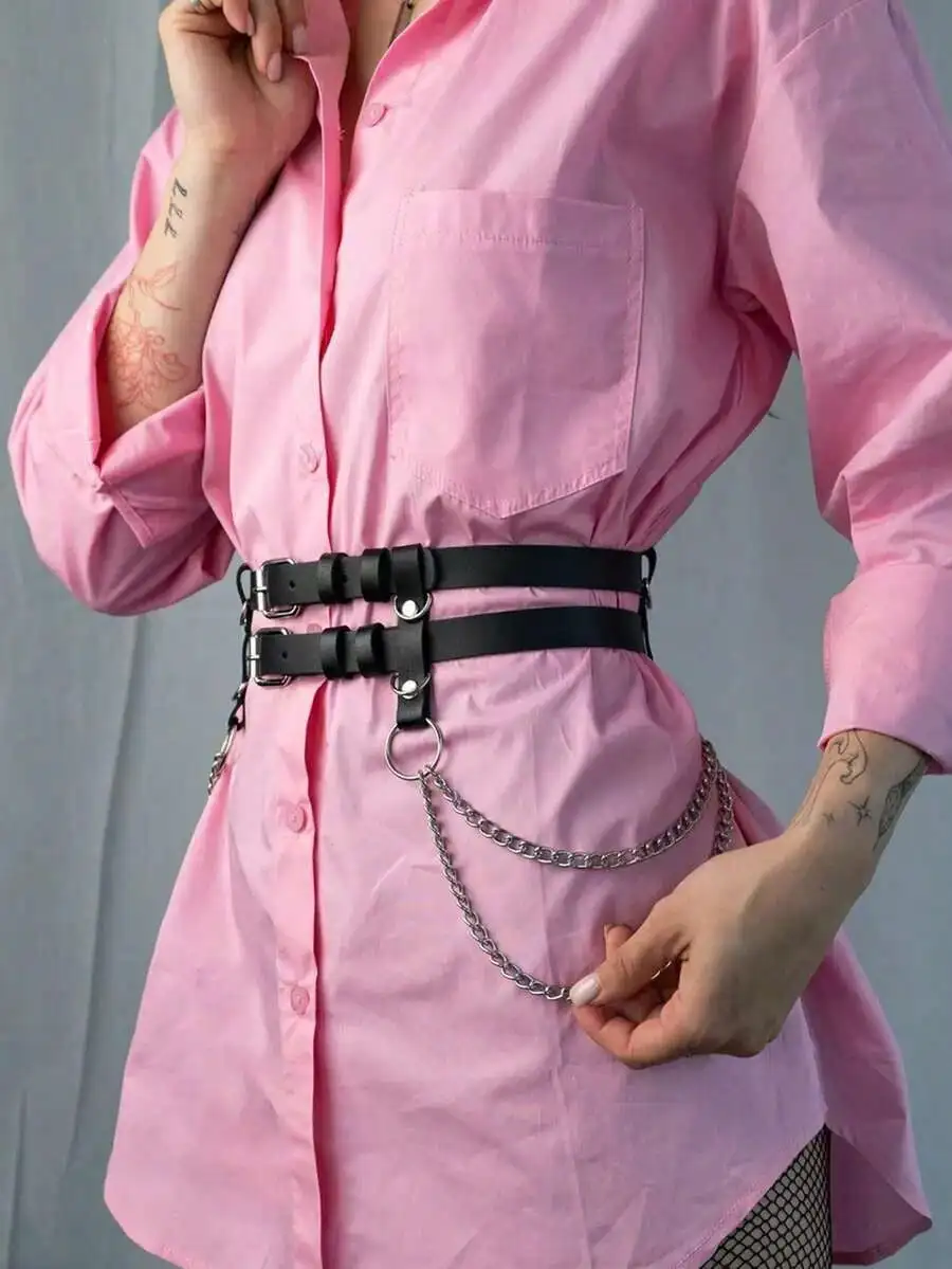 1pc Fashion Double-Layered PU Leather Belt Women, Featuring A Single-Layer Chain Design, Pairing With Casual Wear And Accentuating Figure.
