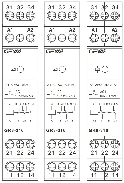 GEYA GR8-316 Switch Relay Intermediate Relay Auxiliary Relay 16A 3SPDT RELAYS 12VDC 24VDC 230VAC