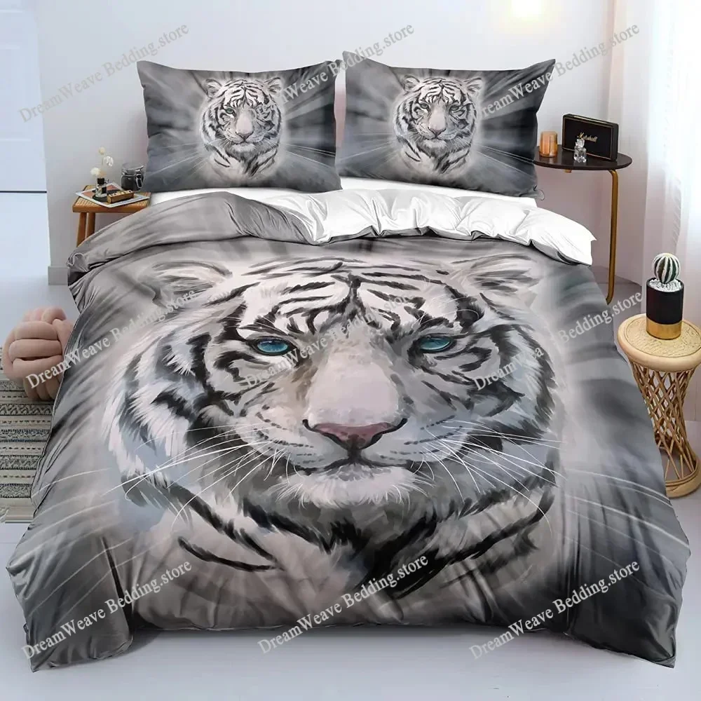 White Tiger Duvet Cover Set Queen Size Wildlife Comforter Covers Animal Print Bedding Set for Boys Girls Kids Art Bedroom Decor