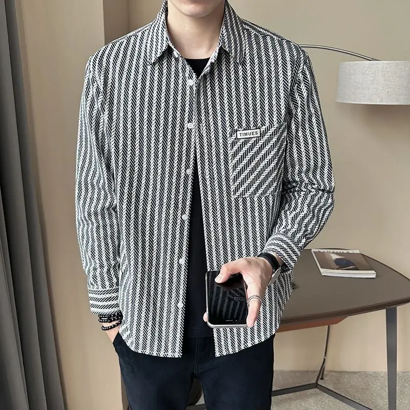 Spring Autumn New Fashion Turn-down Collar Long Sleeve Striped Blouse Men\'s Clothing Casual Loose All-match Trend Button Shirts