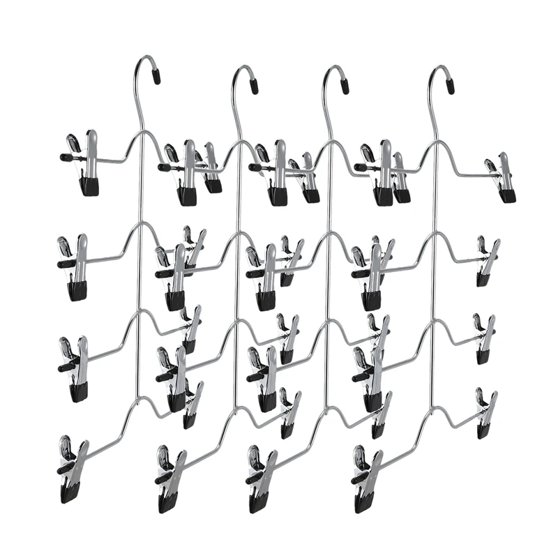 Pants Hangers,4 Tier Non Slip Skirts Hangers With 8 Clips-Pack Of 4 Space Saving Sturdy Luxurious Chrome Metal Multi Trousers Ha