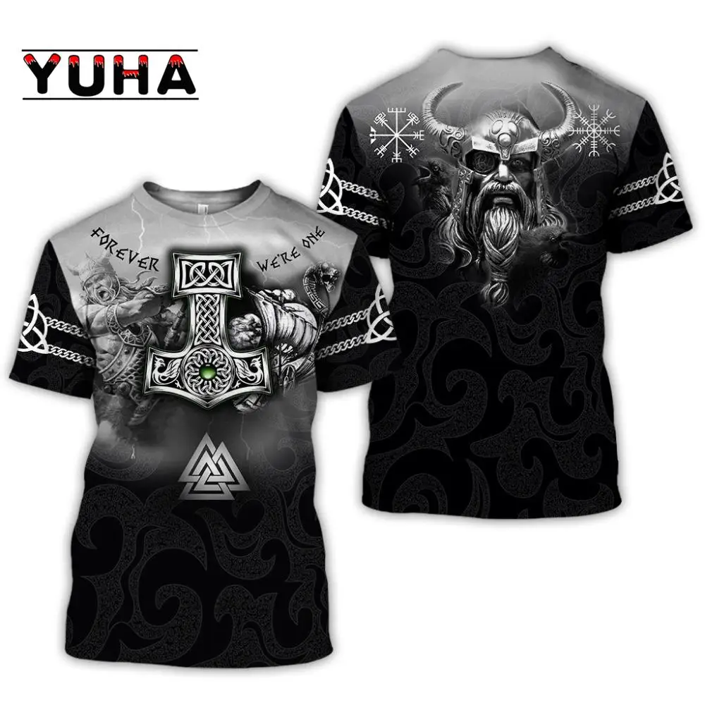 Nowa Moda Męska Koszulka z Nadrukiem 3D Tatuażu Wikinga Letnia Męska i Damska Luźna Koszulka z Krótkim Rękawem na Zewnątrz