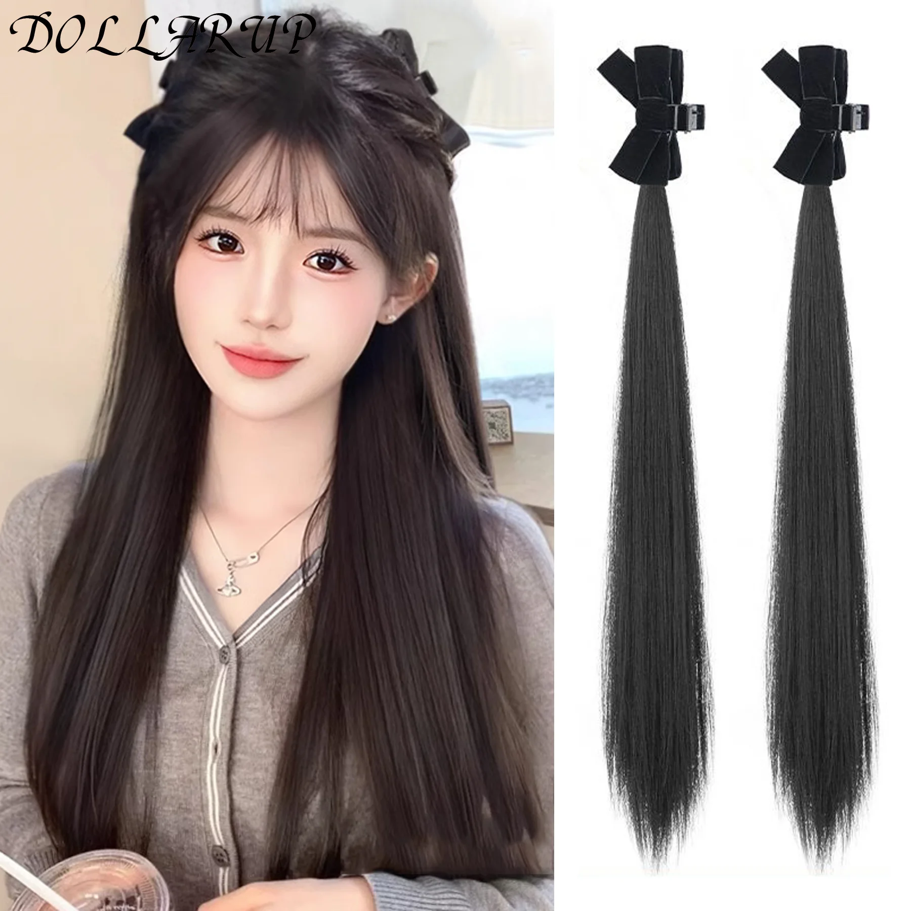 DOLLARUP Synthetic Grip Clip Ultra Light Double Ponytail Wig Piece Can Be Tied With A High Strap Style Low Ponytail Braid