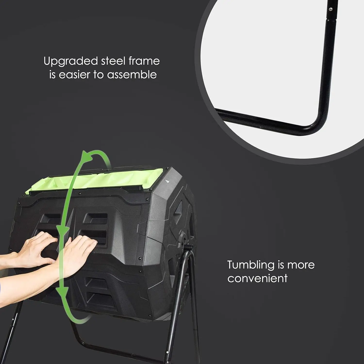 صندوق بهلوان كبير للسماد الخارجي مع ميزان حرارة، إطار فولاذي دوار، باب أخضر سعة 43 جالونًا