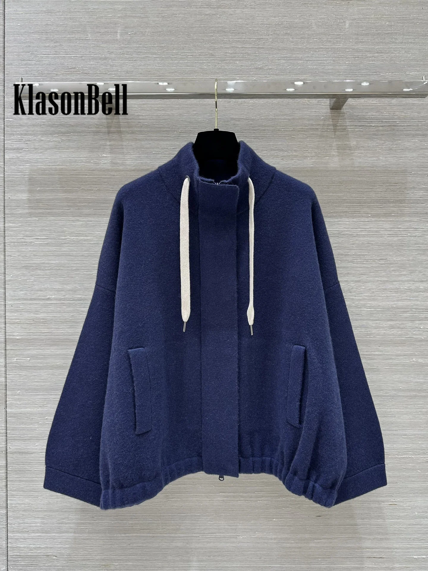 9.1 KlasonBell Women Stand Collar Drawstring Decoration Double Pocket Elastic Hem Cashmere Wool Knit Zipper Cardigan With Vest