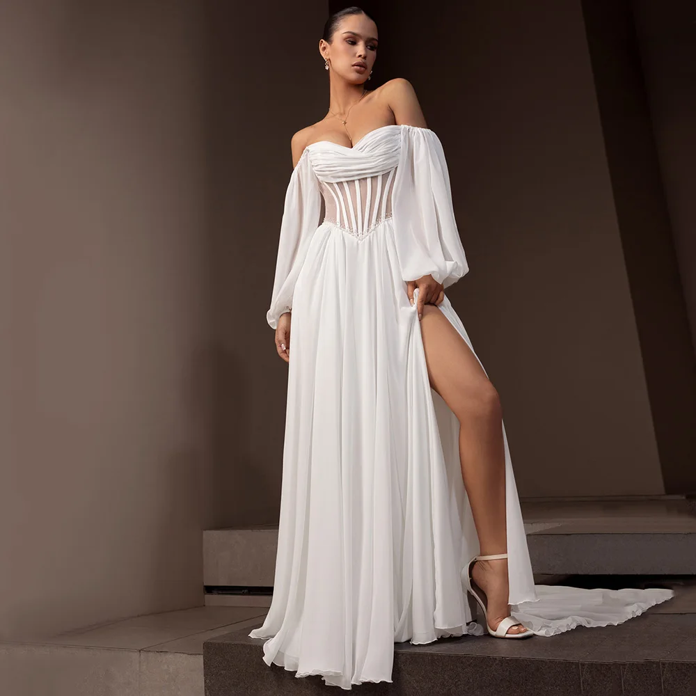 

Bohemian White Side Slit Wedding Dress Women Customized Chiffon Pearls Sweetheart Pleats Off the Shoulder Chiffon Bridal Gowns