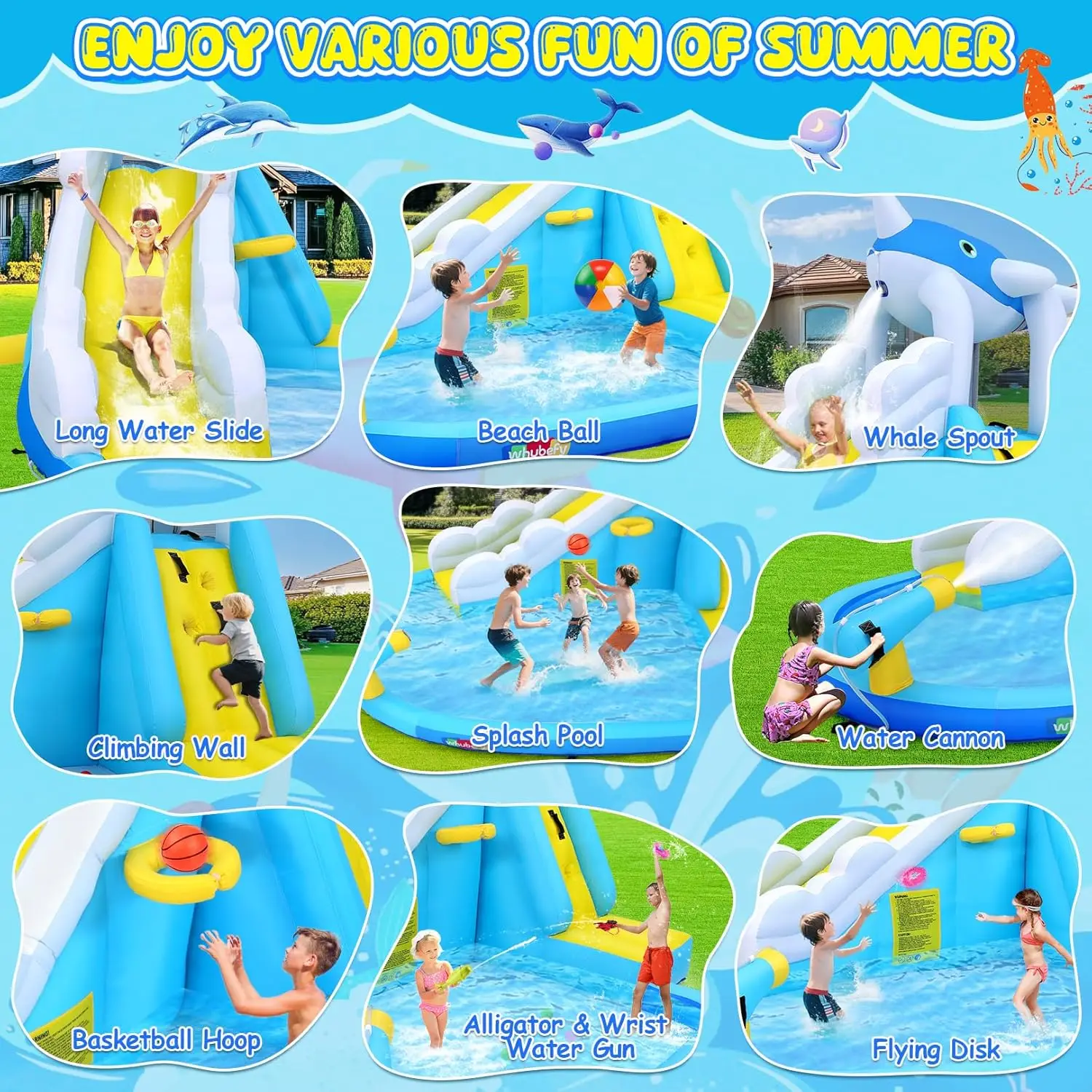 12x8.5 ฟุตสไลด์น้ําทําให้พองสําหรับเด็ก Backyard w/6 ของเล่นน้ํา & Inflatable Balls, blow Up Waterpark w/Whale Spout Slide, Spl