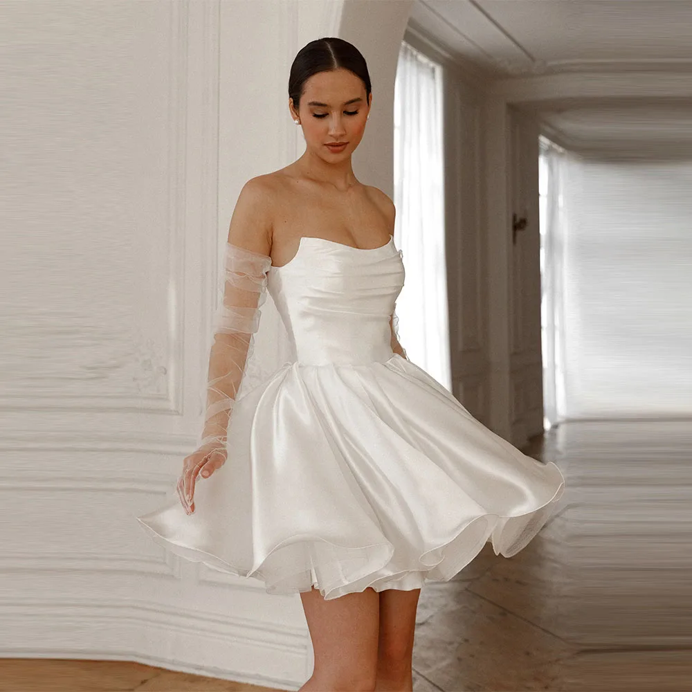 

Customized Short Strapless Wedding Dresses Satin A-Line Sleeveless Simple Vestidos De Novias Backless Bridal Gowns Lace Up
