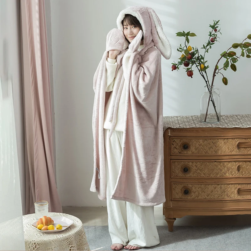 

Blankets Blanket Adults Style Warm Velvet Japanese Cute In Hooded Wearable Kids Blanket Kawaii Throw Cloak Rabbit Winter Coral