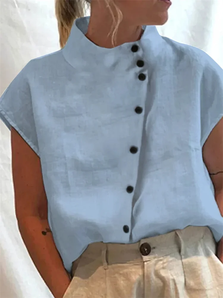 Button cotton and linen stand-up collar casual shirt women\'s comfortable short-sleeved shirt