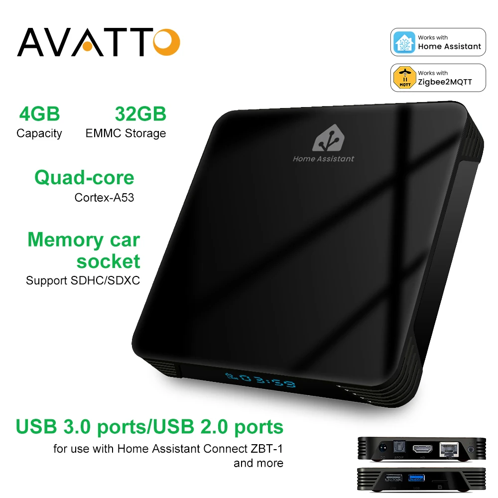 

AVATTO 4G Plus 32G USB 3.0/2.0 Порты Умный дом Блок помощника Черный шлюз Четырехъядерный процессор Cortex-A53 Поддержка ZigBee2MQTT, ZHA, HomeKit