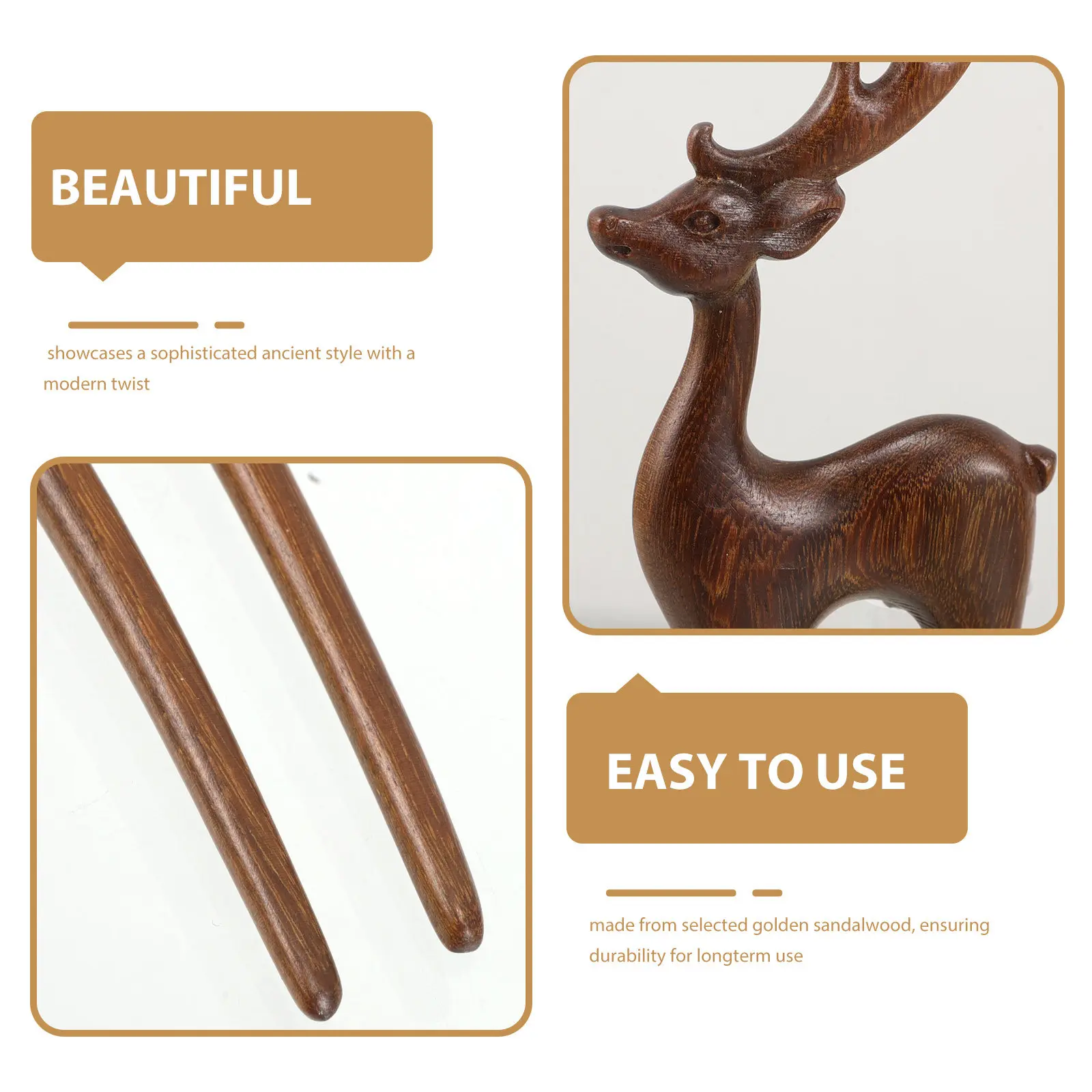 Elegant Chinese Hairpin Golden Sandalwood Deer Ornament U Shaped Design Versatile Use for Traditional and Modern Styles