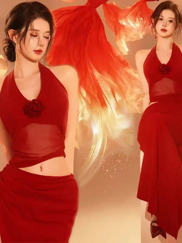 

Red New Year Art Photo Costume Koi Theme National Trend Photography Clothing Stage Performance Women's Traditional Ethnic Dress