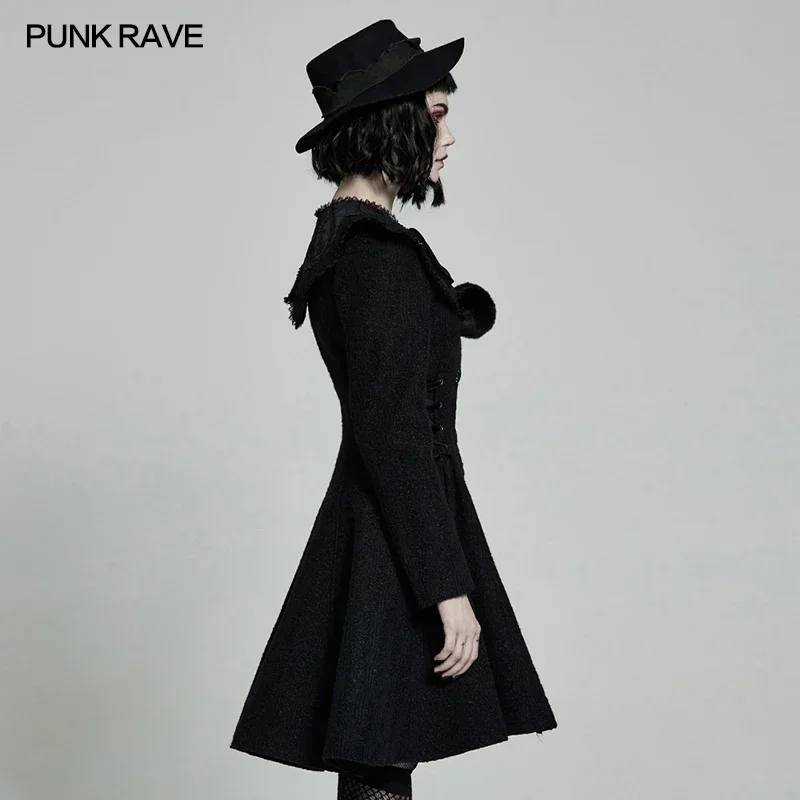 PUNK RAVE Women's Gothic Woollen Wavy Jacquard  Coat Girlish Feeling Retro Rose Detached Collar Winter Warm Black Long Jackets