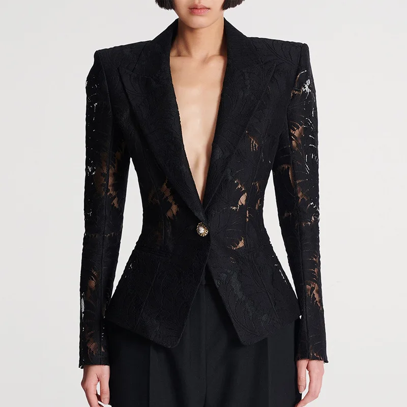 Solid Sheer Spliced Lace Elegant Jackets For Women Lapel Long Sleeves Patchwork Button Suit Jacket Cocktail & Night Out Looks