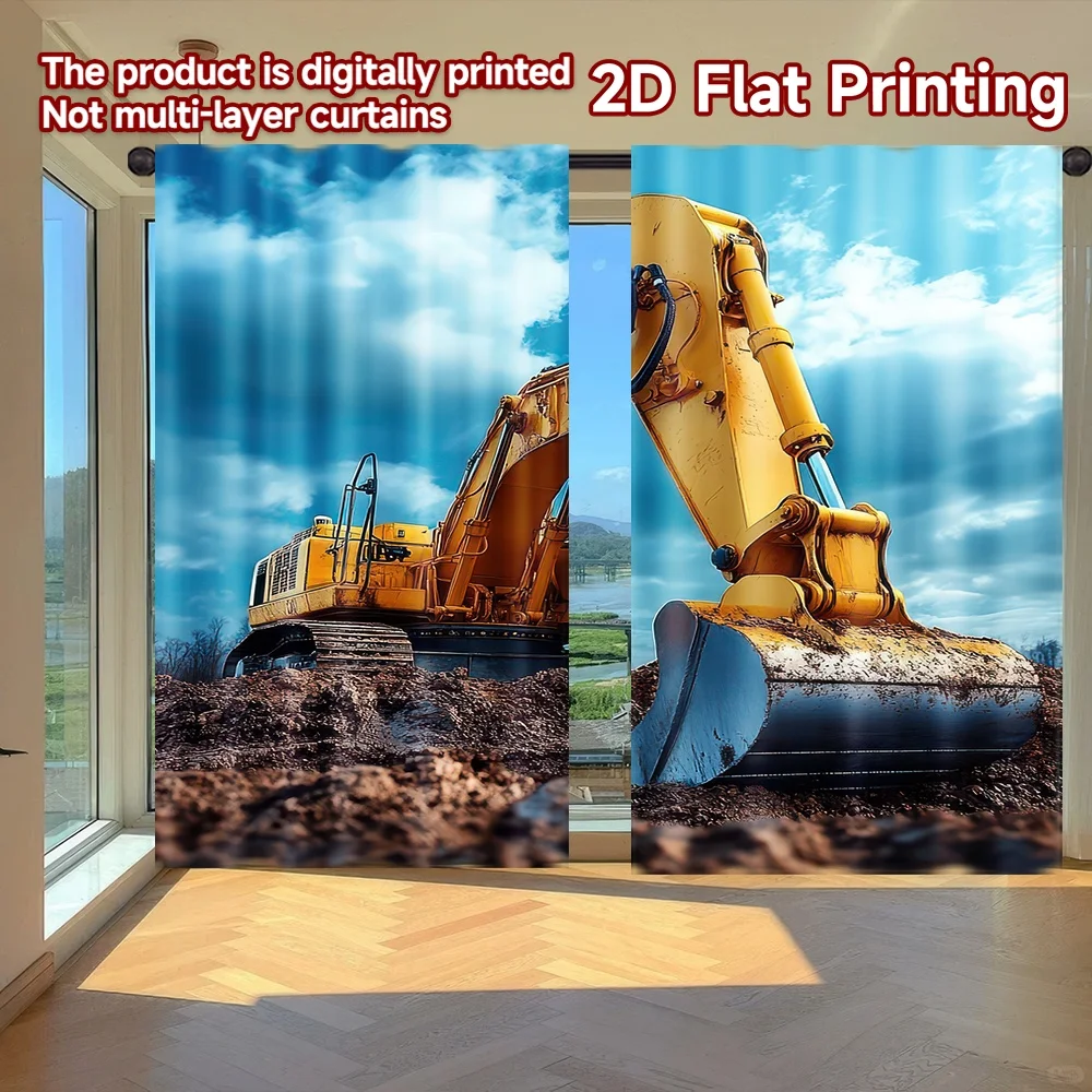 2D flat printing 2pcs Window Curtains Yellow Excavator on Site Digital Printed Polyester Drapes Holiday Decorations for Holiday