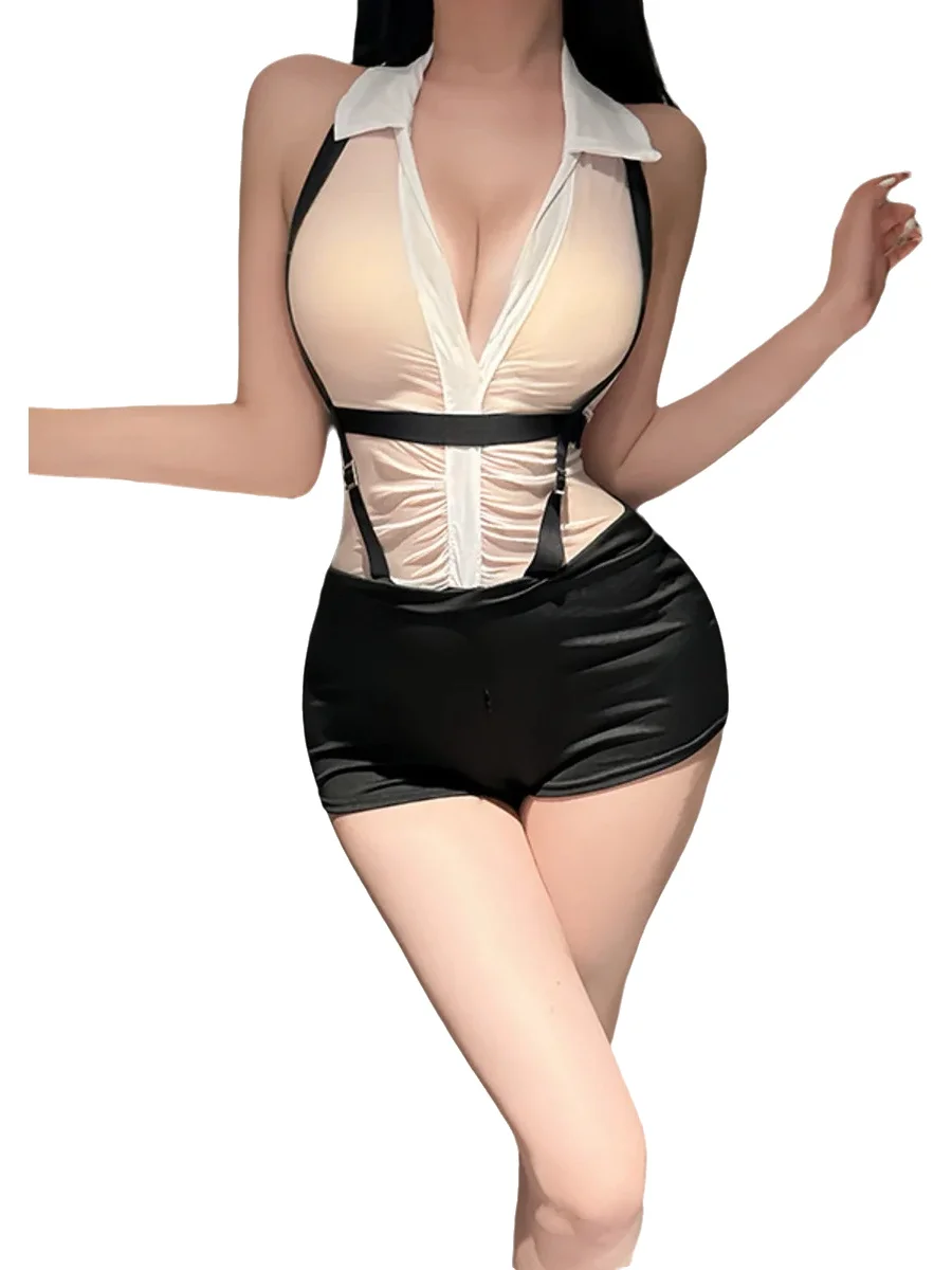 

Новый сексуальный комплект для женщин: топ-халтер с молнией и шорты, с открытыми спиной и глубоким V-образным вырезом, прозрачный, без рукавов, GGPM