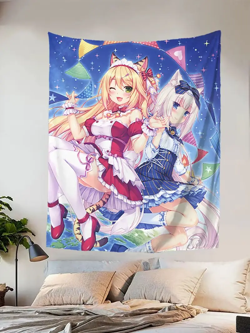 Nekopara Maple Vanilla Twin Cat Maid Girls Anime Tapestry Wall Hanging Aesthetic Room Decor Background Cloth for Bedroom Dorm