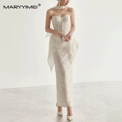 MARYYIMEI Spliced ​​lace light luxury full dress fishbone tube top waist long dress 2026 summer fashion women's new style