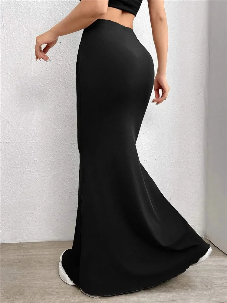 Solide Bodycon Geraffte Lange Rock Frauen Sexy Schwarz Elastische Elegante Hohe Taille Meerjungfrau Maxi Röcke Sommer Streetwear
