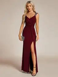 Elegant Evening Glitter Deep V-Neck High Slit Sequin Shoulder Strap 2024 Ever Pretty of Shiny Burgundy Bridesmaid dress