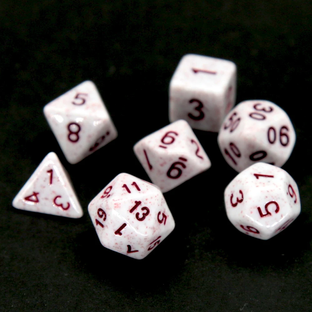7PCS Blood-Speckled Acrylic Dice Set - White Base Red Speckle Polyhedral Dice for D&D, TTRPG & Role Playing Board Games
