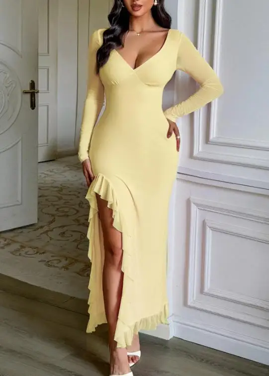 

2025 Autumn/winter Women's Stylish Formal Maxi Dress Elegant Bodycon Fit with Mesh Sleeve and V-Neck Ruffle Slit Detail Dress
