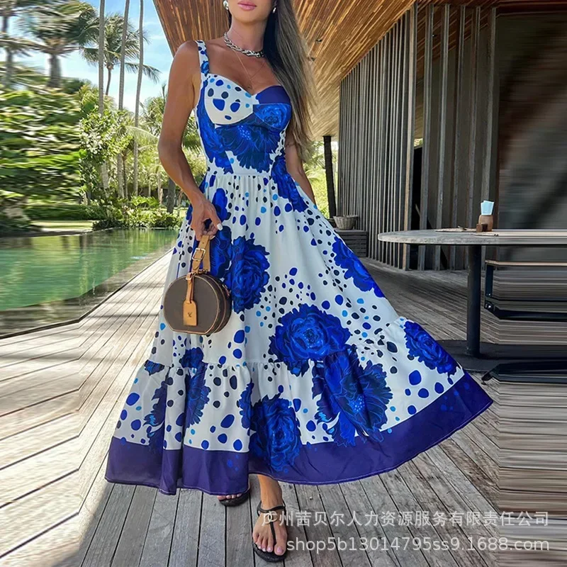 Robe Maxi sans manches à imprimé Floral pour femmes, longue, bleue, col en V, taille haute, ample, Sexy, mode, été
